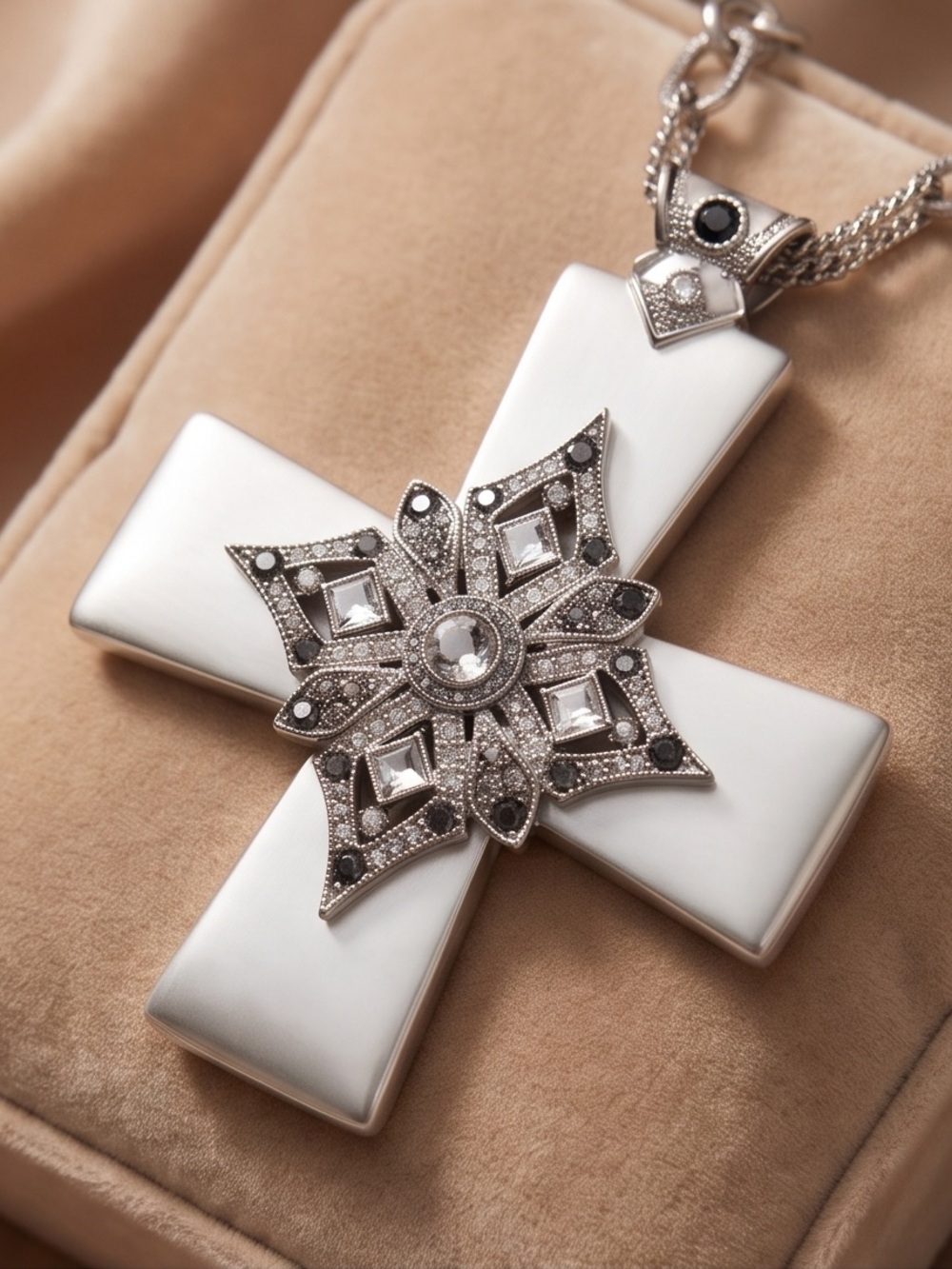 Silver Cross Pendant Necklace in Emerald Green Styling